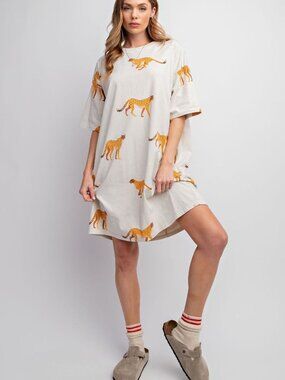 EASEL MINERAL WASHED CHEETAH PRINT T SHIRT DRESS 100% COTTON
